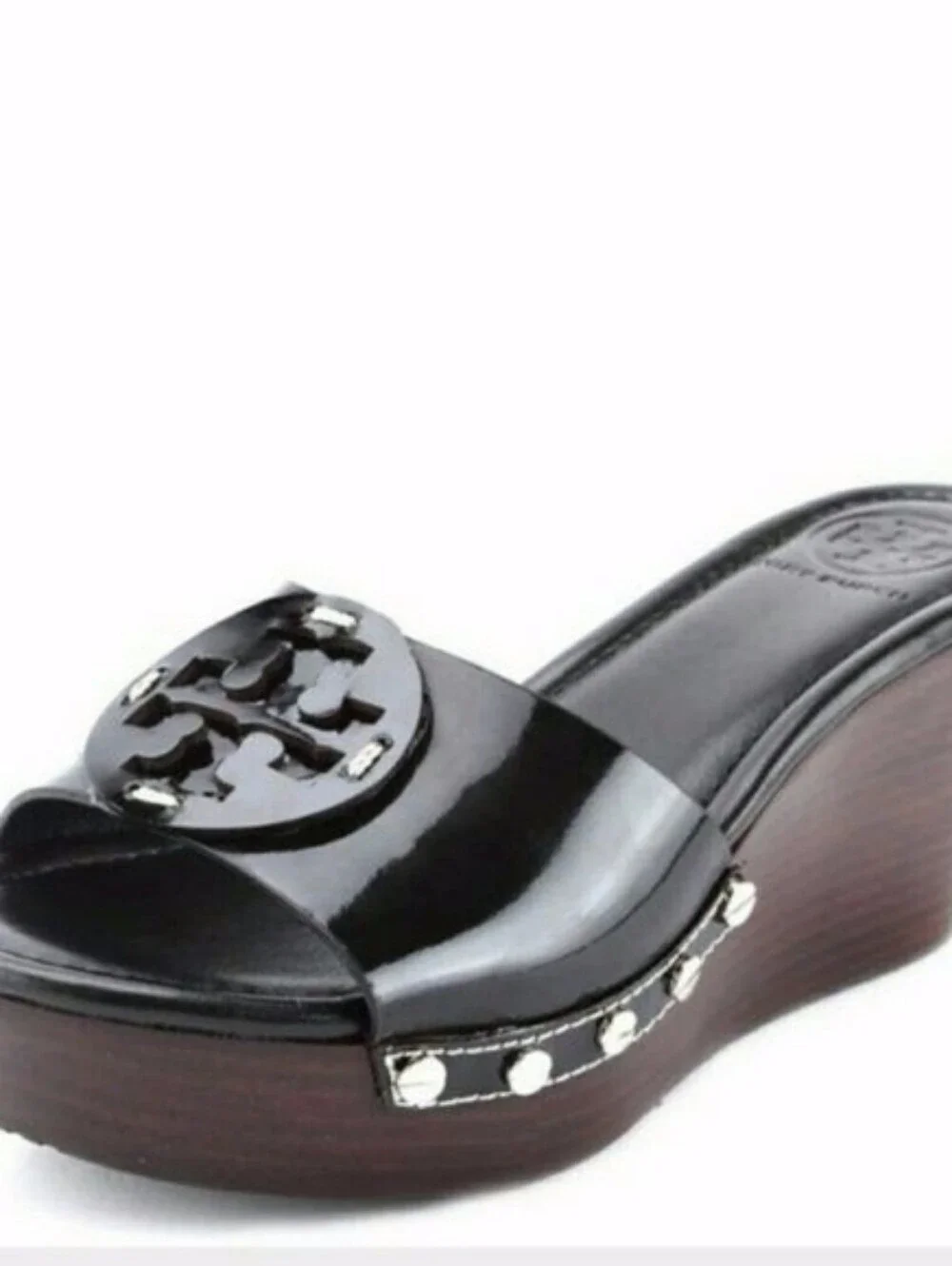 Tory Burch Patti Black Patent Leather Slides Platform Wedge Mule Sandal Size 8